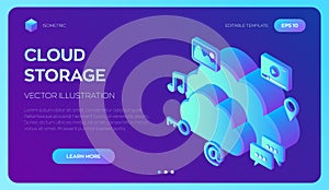 Cloud computing. Cloud with apps. Data storage device,media server. Web hosting and cloud technology. Backup, copy, migrate data