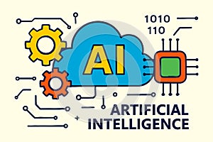 Cloud computing and artificial intelligence with gears and circuit board elements