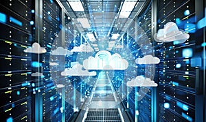 Cloud computing background with server racks and digital data streams