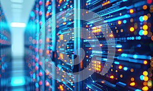 Cloud computing background with server racks and digital data streams