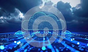 Cloud computing background with server racks and digital data streams