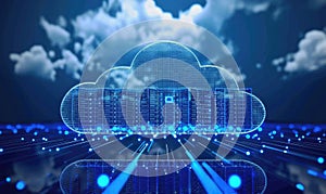 Cloud computing background with server racks and digital data streams