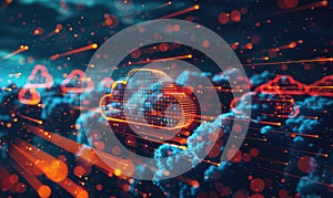 Cloud computing background with server racks and digital data streams