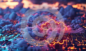 Cloud computing background with server racks and digital data streams