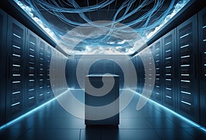 Cloud computing background with server racks and digital data streams