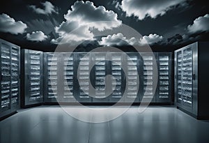 Cloud computing background with server racks and digital data streams