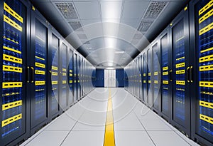 Cloud computing background with server racks and digital data streams