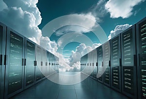 Cloud computing background with server racks and digital data streams