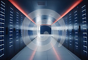 Cloud computing background with server racks and digital data streams