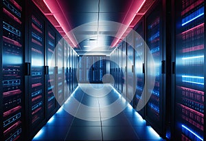 Cloud computing background with server racks and digital data streams
