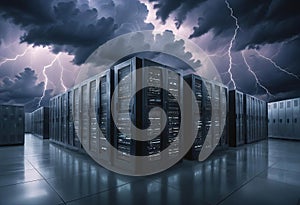 Cloud computing background with server racks and digital data streams