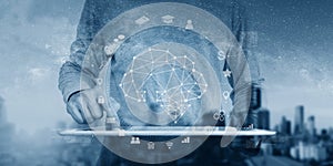 Cloud computing, big data technology, Businessman using digital tablet with technology icon