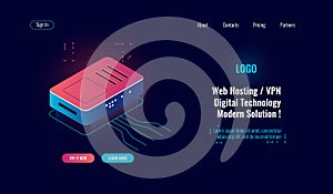 Cloud computing and big digital data processing isometric icon, router internet splitter, online web hosting concept, wi