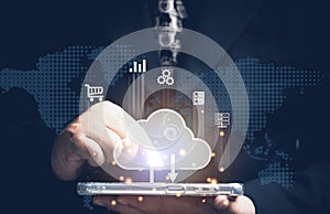 Cloud computing and bigdata storage concept. Businessman using cloud data storage to keep data and work for global company. Data