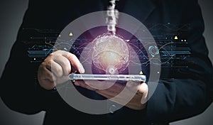 Cloud computing and bigdata storage concept. Businessman using cloud data storage to keep data and work for global company. Data