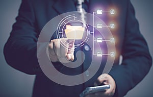 Cloud computing and bigdata storage concept. Businessman using cloud data storage to keep data and work for global company. Data