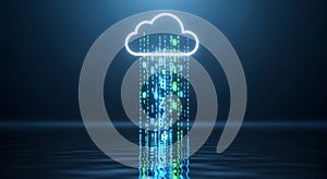 Digital cloud computing concept with binary code rain, data storage, network information