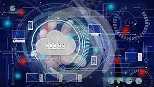 Cloud computing. Businessman hand touching cloud with servers.