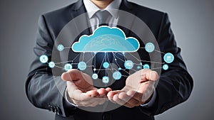 Cloud Computing. Businessman hold cloud computing network connecting icon to represent solutions for businesses, facilitating data