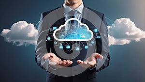 Cloud Computing. Businessman hold cloud computing network connecting icon to represent solutions for businesses, facilitating data