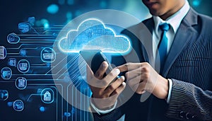 Cloud computing with businessman holding smartphone in hand
