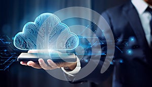 Cloud computing with businessman holding smartphone in hand