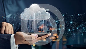 Cloud computing with businessman holding smartphone in hand