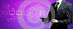 Cloud computing with businessman using his tablet