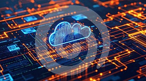 Cloud computing circuit board digital technology concept visualize cloud data processing on advanced circuit board