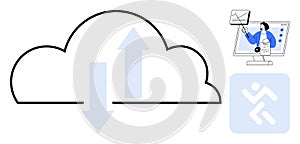Cloud Computing Concept with Data Upload and Download Arrows, Analytics, and Network Communication Symbols