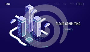 Cloud computing, cloud data storage isometric concept, modern digital urban city, data road, industry 4.0 dark neon