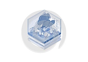 Cloud computing and cloud provider concept. Isometric vector illustration of connected internet devices. White and blue web banner