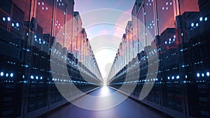 Cloud computing and computer networking concept: rows of network servers against blue sky with clouds. 3d rendering