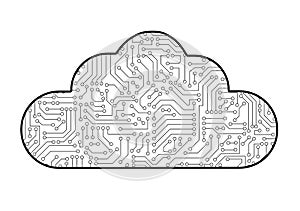 Cloud computing computer technology icon with circuit board pattern texture isolated on white. High-tech background in digital da