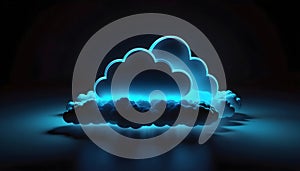 Cloud computing concept. 3d illustration. Blue neon cloud on dark background. Generative AI