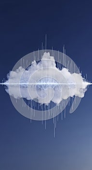 Cloud computing concept with abstract data visualization and reflection on a blue background