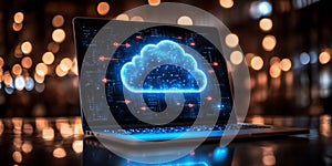 Cloud Computing Concept with Arrows on Laptop Screen