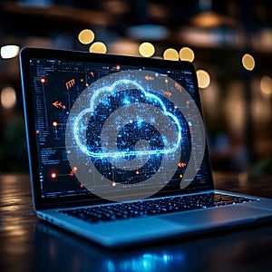 Cloud Computing Concept with Arrows on Laptop Screen