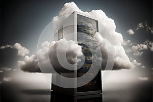 Cloud computing concept as a 3D render of a server in a dark cloudy sky.