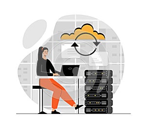 Cloud computing concept. Big data storage and exchange, hosting security. Information management. Illustration with people
