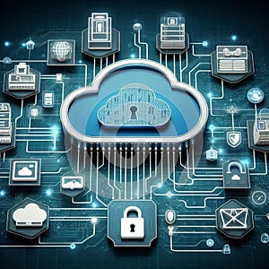 Cloud computing concept, blockchain, cyber security, locked, cloud computing diagram, network data storage, technology