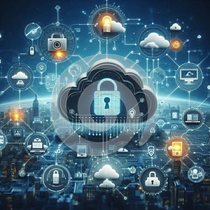 Cloud computing concept, blockchain, cyber security, locked, cloud computing diagram, network data storage, technology