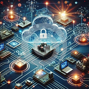 Cloud computing concept, blockchain, cyber security, locked, cloud computing diagram, network data storage, technology