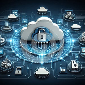 Cloud computing concept, blockchain, cyber security, locked, cloud computing diagram, network data storage, technology
