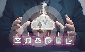 cloud computing concept. business people use big data storage on the cloud Various information such as courses, music, business