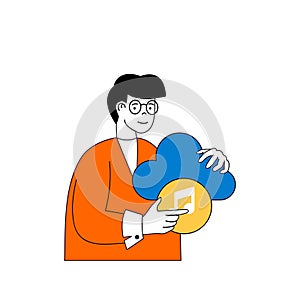 Cloud computing concept with cartoon people in flat design for web. Vector illustration