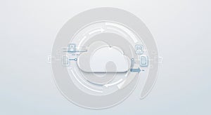 Cloud computing concept with a central white cloud graphic, surrounded by