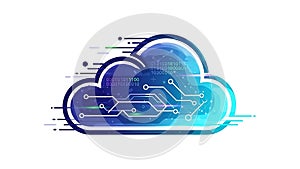 A cloud computing concept with circuit board and binary code illustration