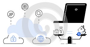 Cloud Computing and Technology Illustration with Data Security and Digital Weighing Scale Concept
