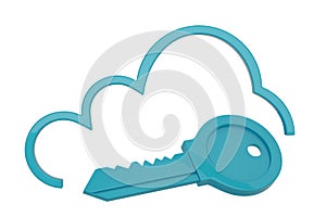Cloud computing concept cloud and key on white background.3D illustration